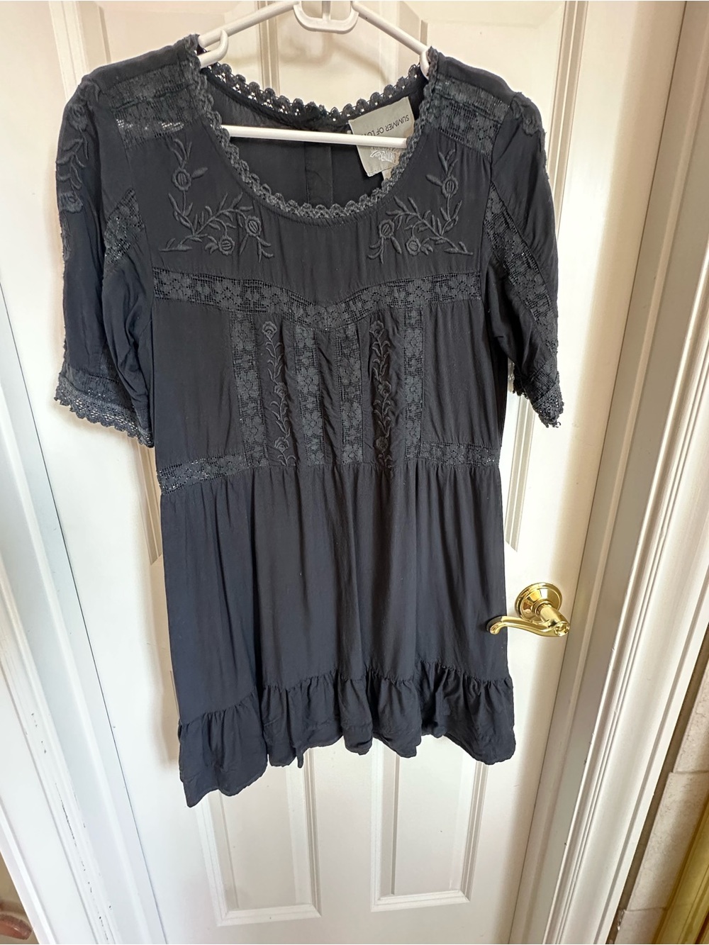 Boho Lace-Trim Peasant Top - Charcoal